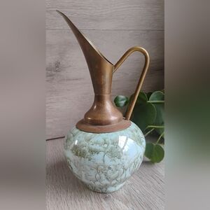 Vintage Handcrafted Delft Pitcher Brass Ceramic 8" Made In Holland